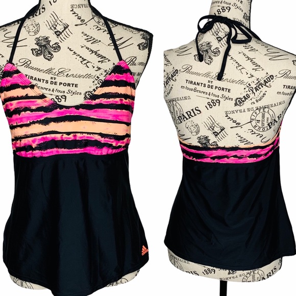 adidas Other - Adidas Colorful Halter V Neck Tankini Swim Top Size 8 Black Pink Orange Logo